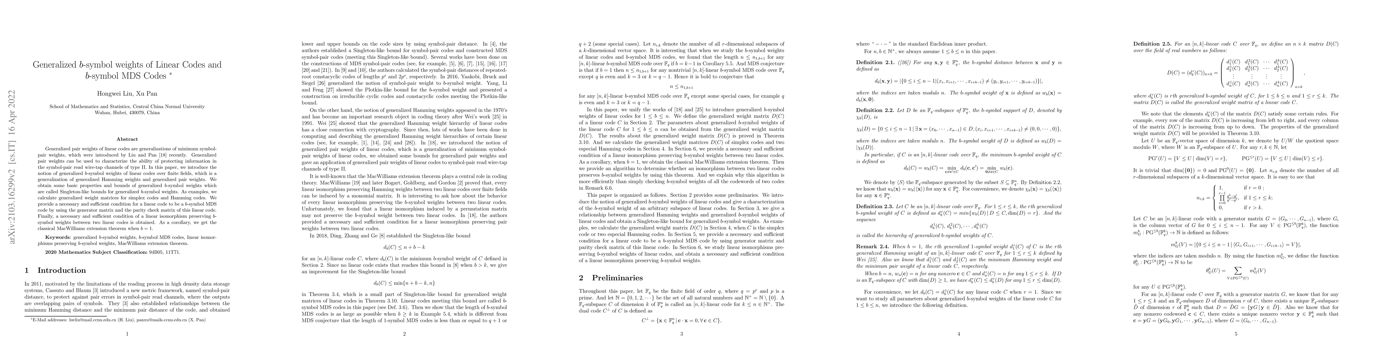 Thumbnail for Generalized $b$-symbol weights of Linear Codes and $b$-symbol MDS Codes