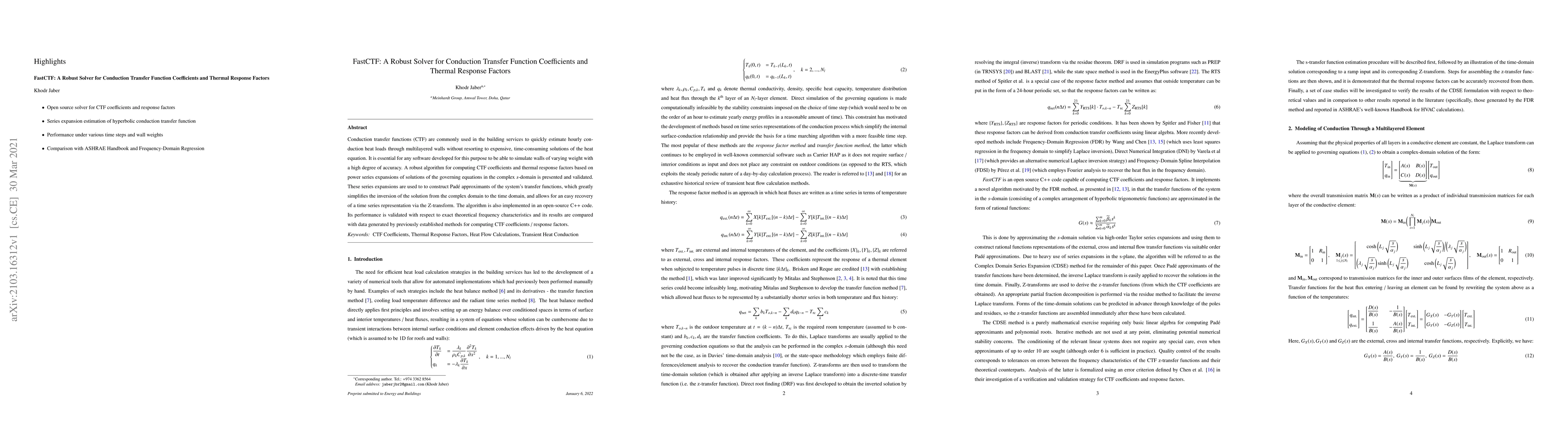 Thumbnail for FastCTF: A Robust Solver for Conduction Transfer Function Coefficients
  and Thermal Response Factors