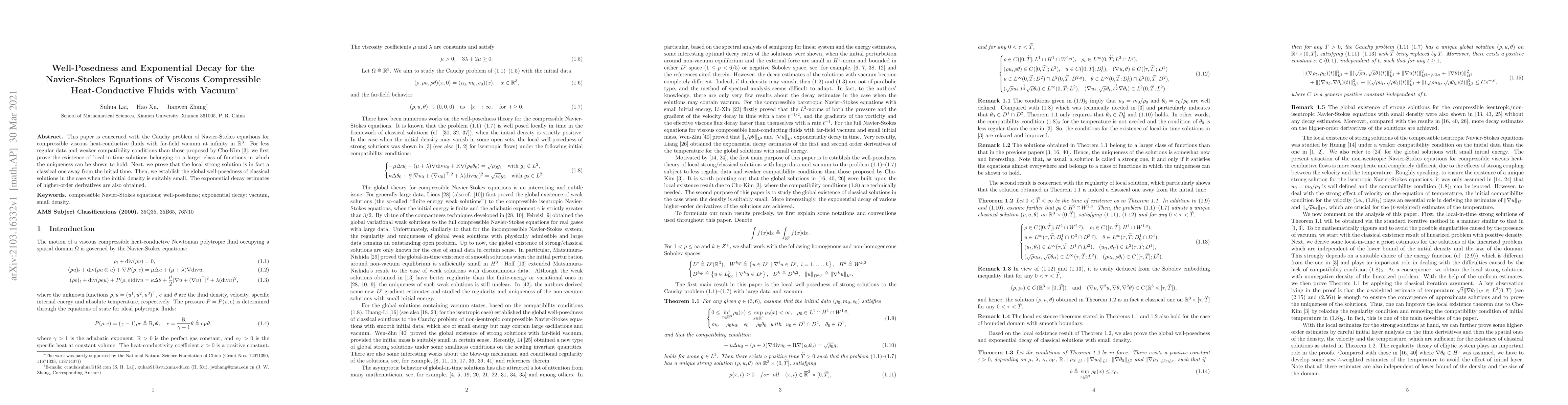 Thumbnail for Well-Posedness and Exponential Decay for the Navier-Stokes Equations of
  Viscous Compressible Heat-Conductive Fluids with Vacuum