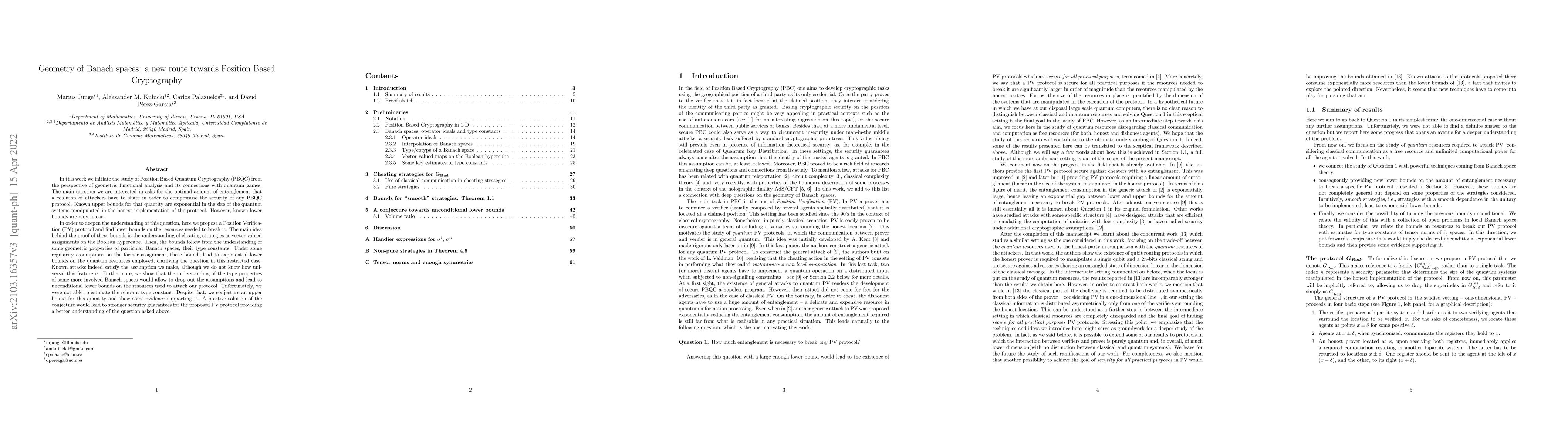 Thumbnail for Geometry of Banach spaces: a new route towards Position Based
  Cryptography