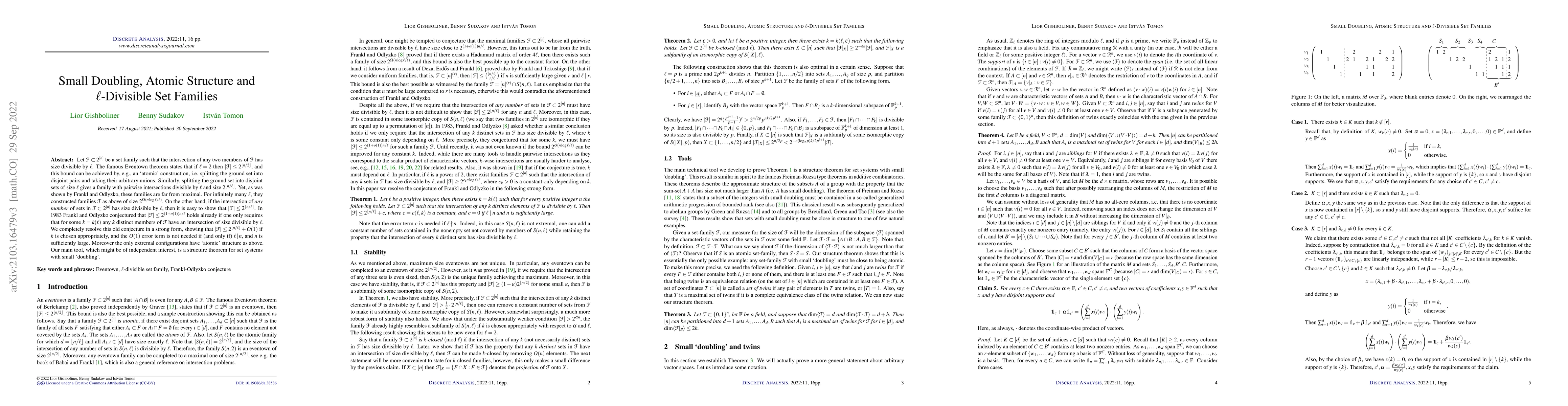 Thumbnail for Small doubling, atomic structure and $\ell$-divisible set families