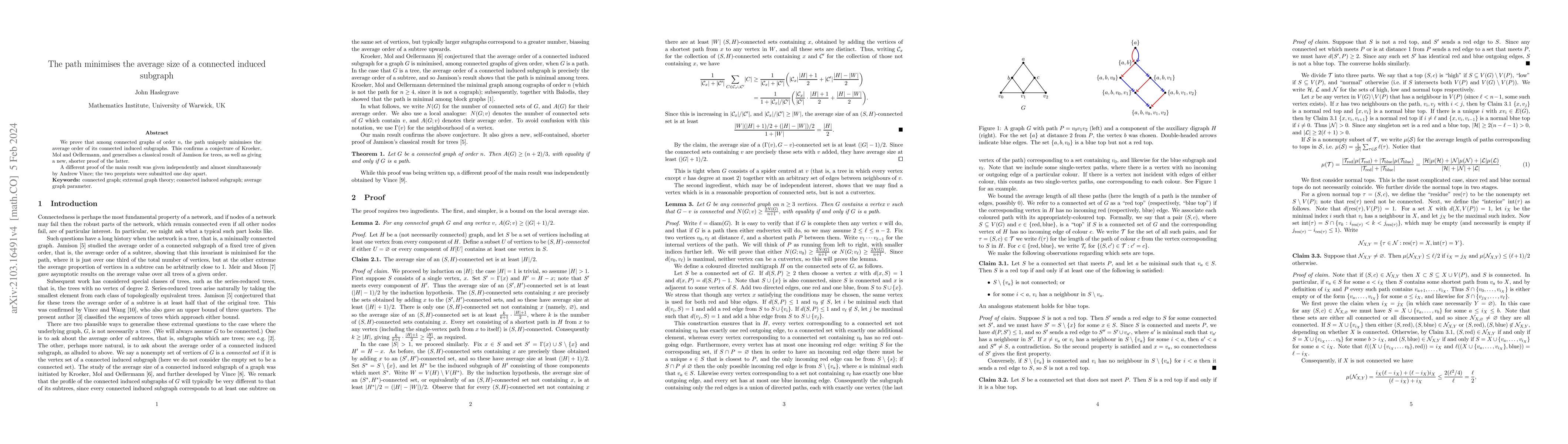 Thumbnail for The path minimises the average size of a connected induced subgraph