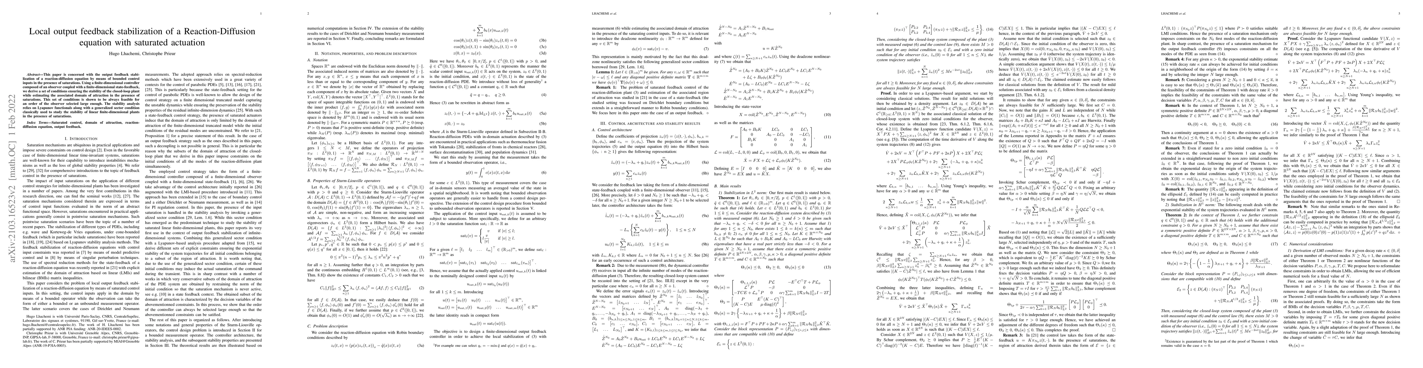 Thumbnail for Local output feedback stabilization of a Reaction-Diffusion equation
  with saturated actuation