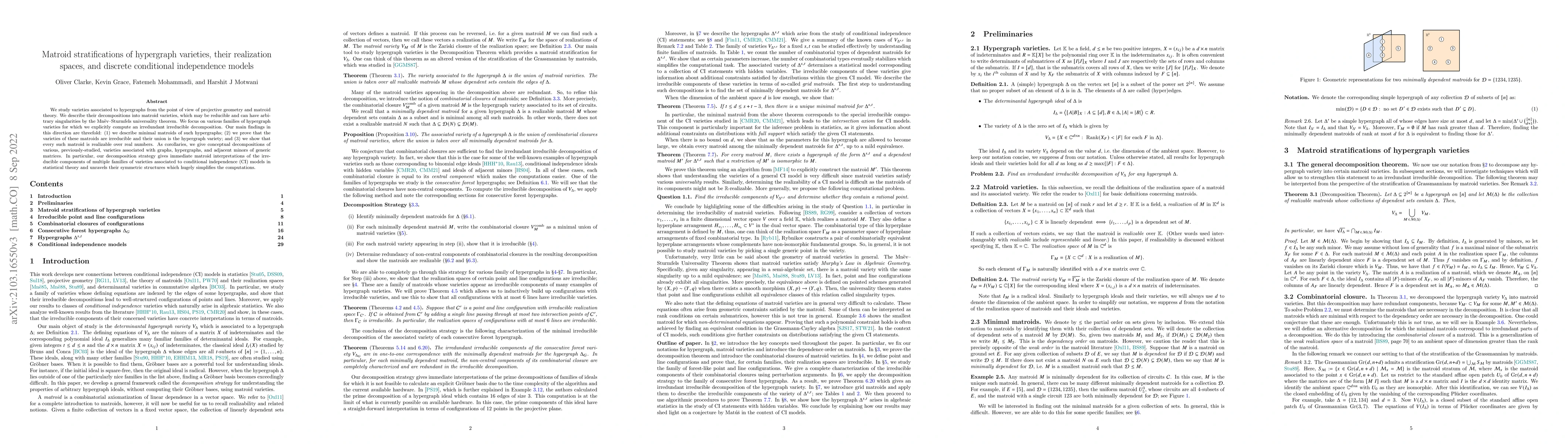 Thumbnail for Matroid stratifications of hypergraph varieties, their realization
  spaces, and discrete conditional independence models