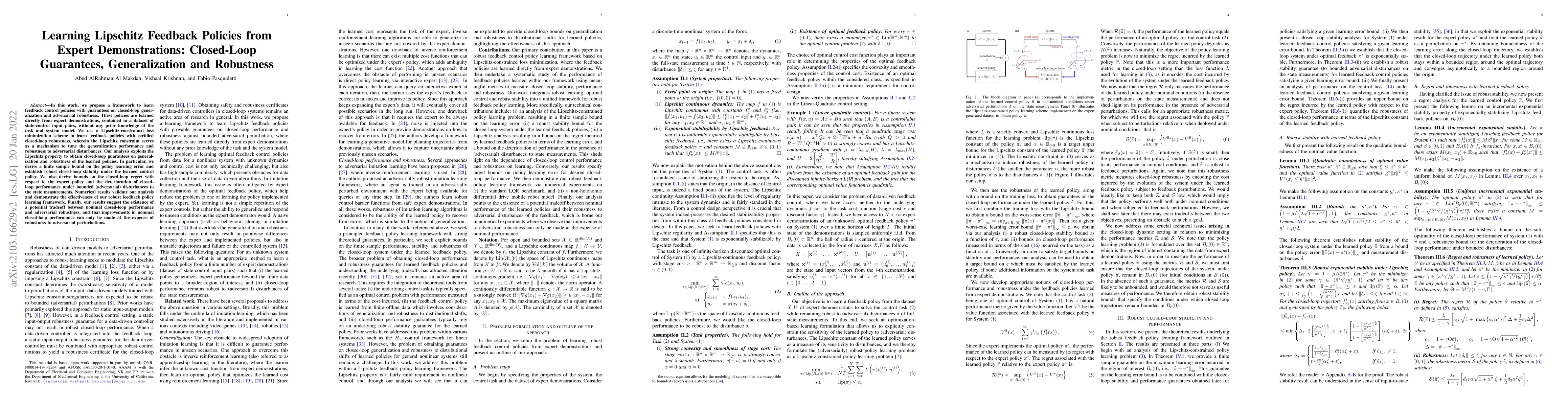 Thumbnail for Learning Lipschitz Feedback Policies from Expert Demonstrations:
  Closed-Loop Guarantees, Generalization and Robustness