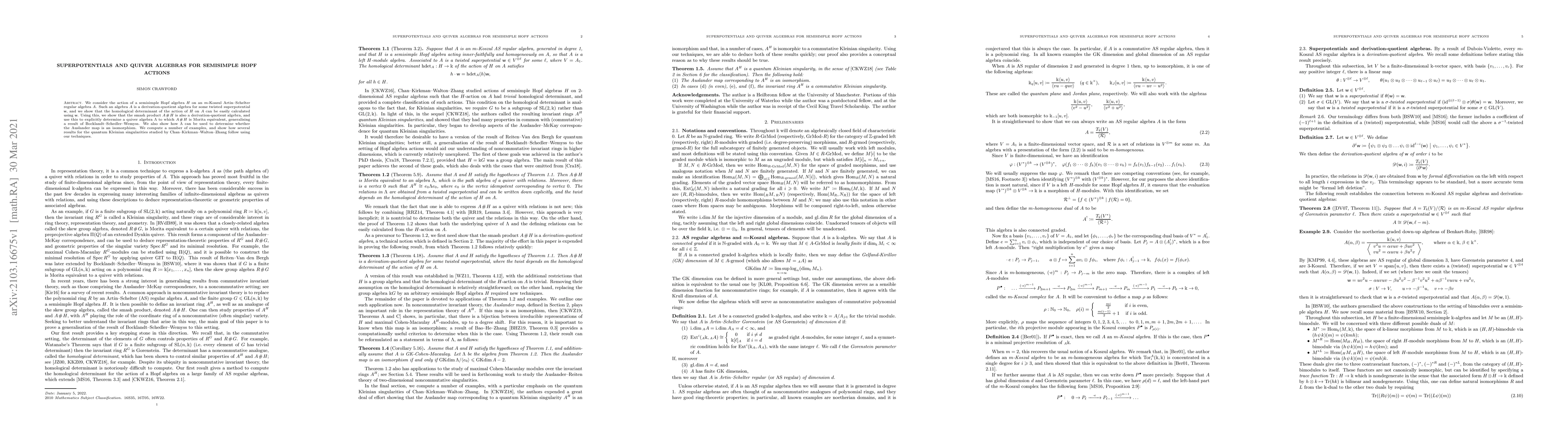 Thumbnail for Superpotentials and Quiver Algebras for Semisimple Hopf Actions