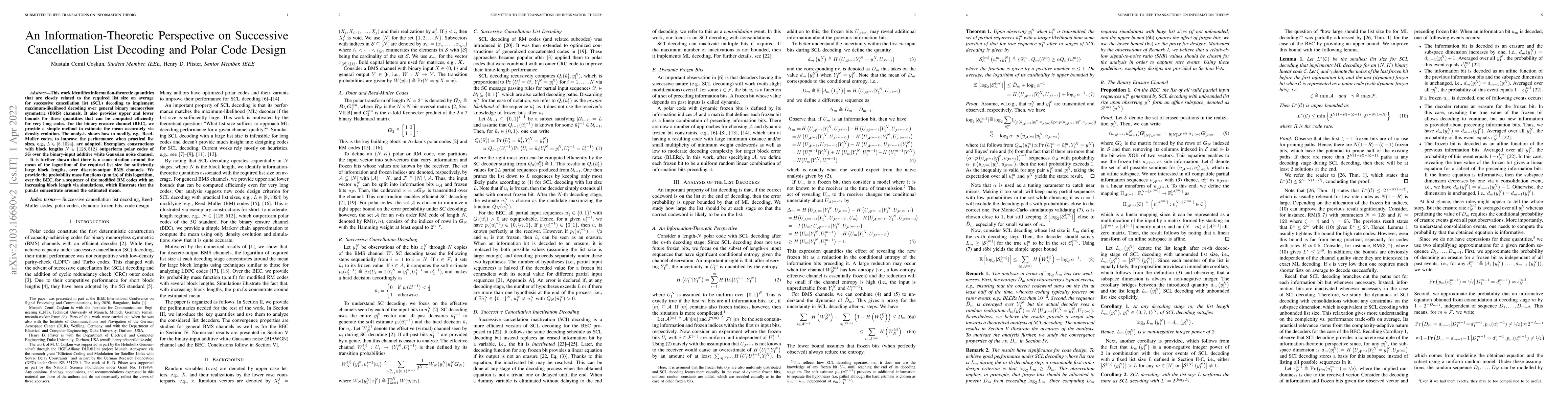 Thumbnail for An Information-Theoretic Perspective on Successive Cancellation List
  Decoding and Polar Code Design