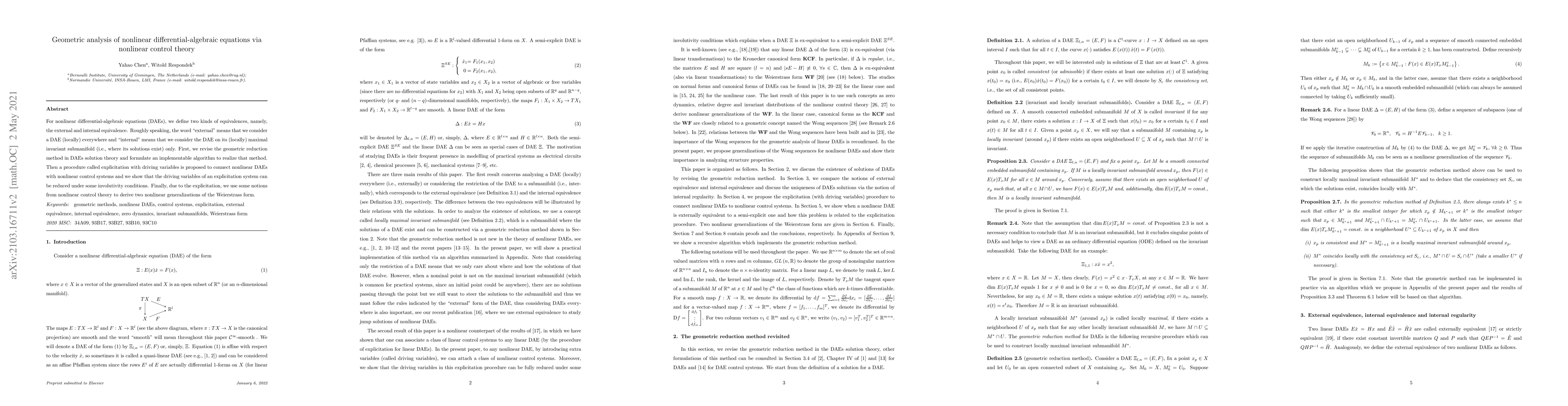 Thumbnail for Geometric analysis of nonlinear differential-algebraic equations via
  nonlinear control theory