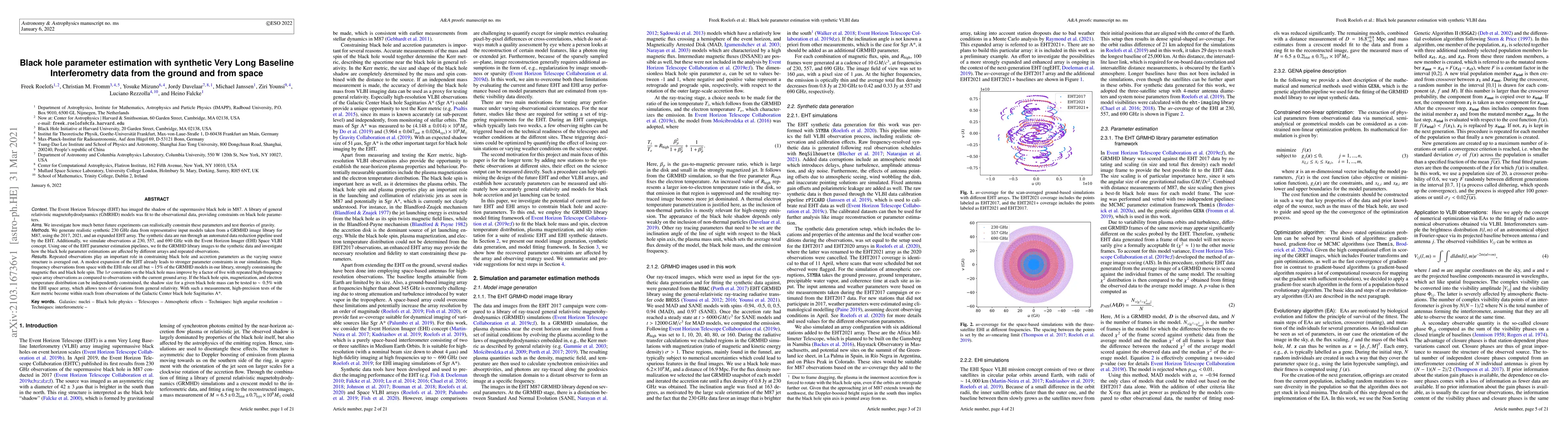 Thumbnail for Black hole parameter estimation with synthetic Very Long Baseline
  Interferometry data from the ground and from space