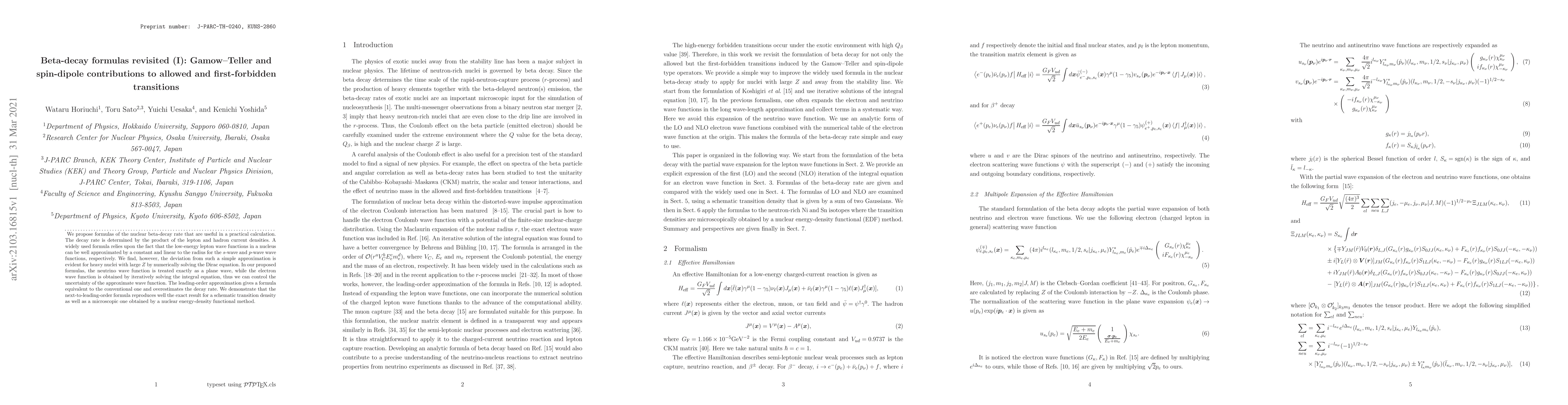 Thumbnail for Beta-decay formulas revisited (I): Gamow--Teller and spin-dipole
  contributions to allowed and first-forbidden transitions