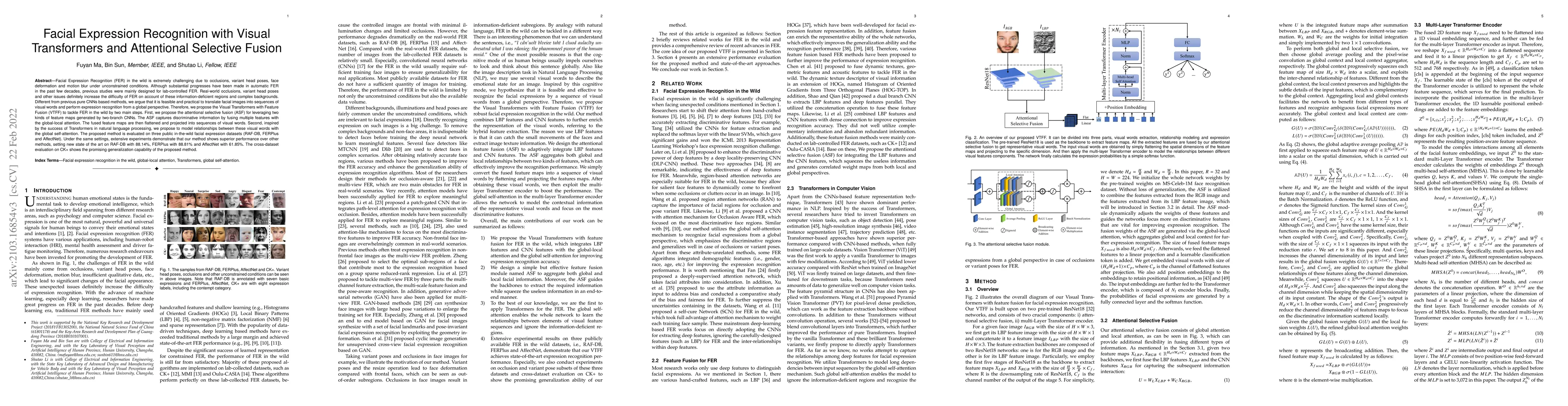 Thumbnail for Facial Expression Recognition with Visual Transformers and Attentional
  Selective Fusion
