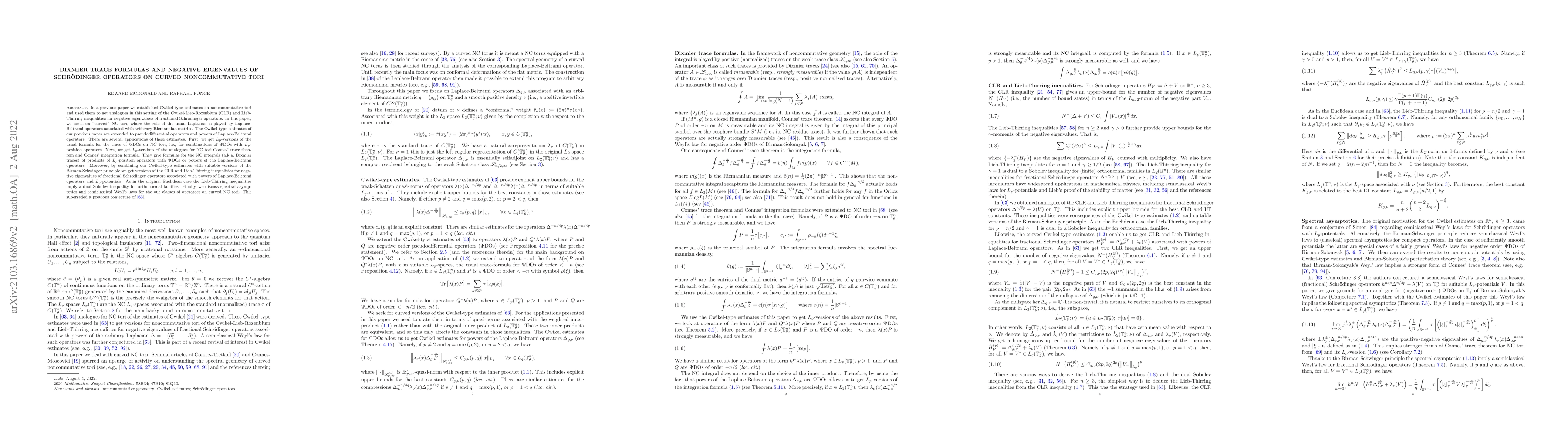Thumbnail for Dixmier Trace Formulas and Negative Eigenvalues of Schroedinger
  Operators on Curved Noncommutative Tori