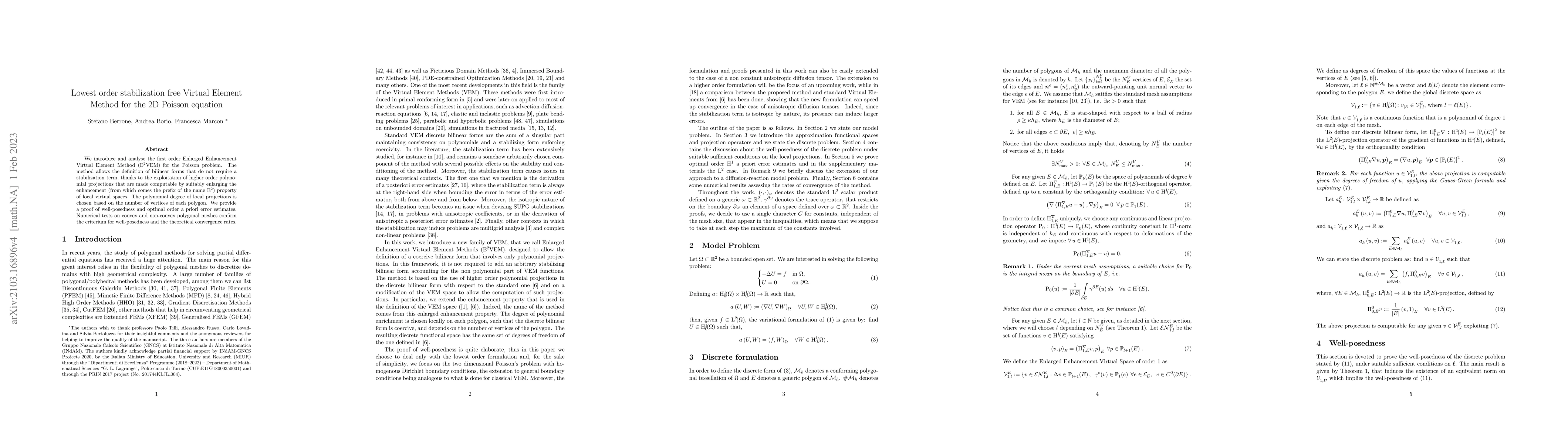Thumbnail for Lowest order stabilization free Virtual Element Method for the 2D
  Poisson equation
