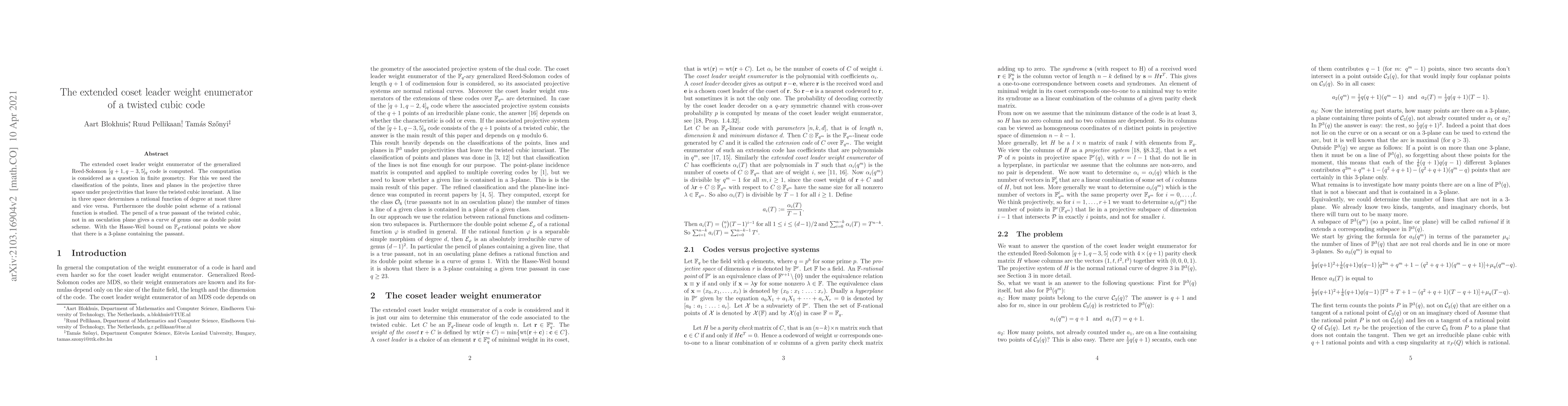Thumbnail for The extended coset leader weight enumerator of a twisted cubic code