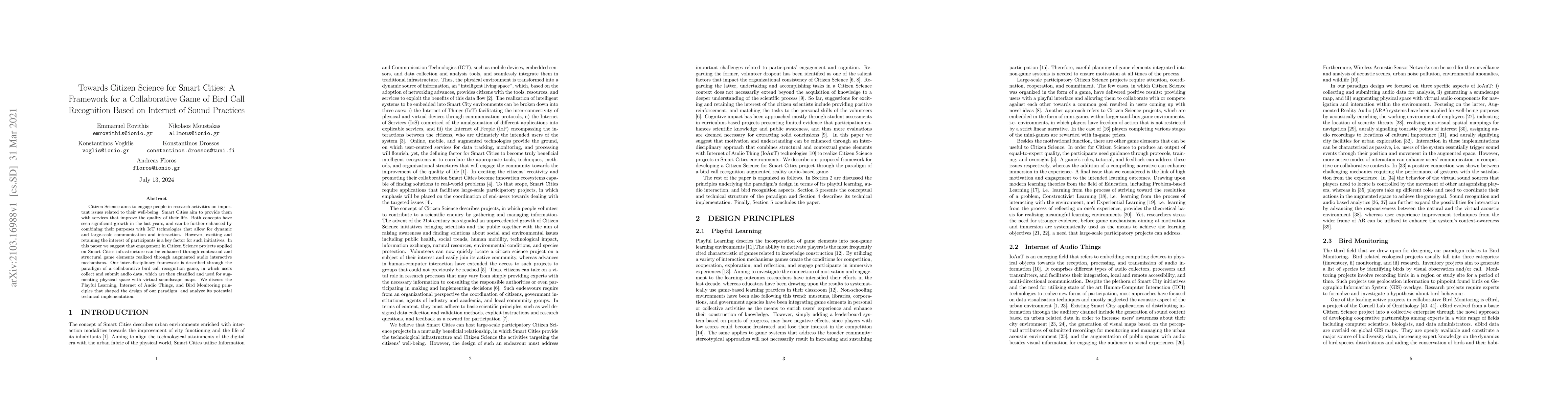 Thumbnail for Towards Citizen Science for Smart Cities: A Framework for a
  Collaborative Game of Bird Call Recognition Based on Internet of Sound
  Practices