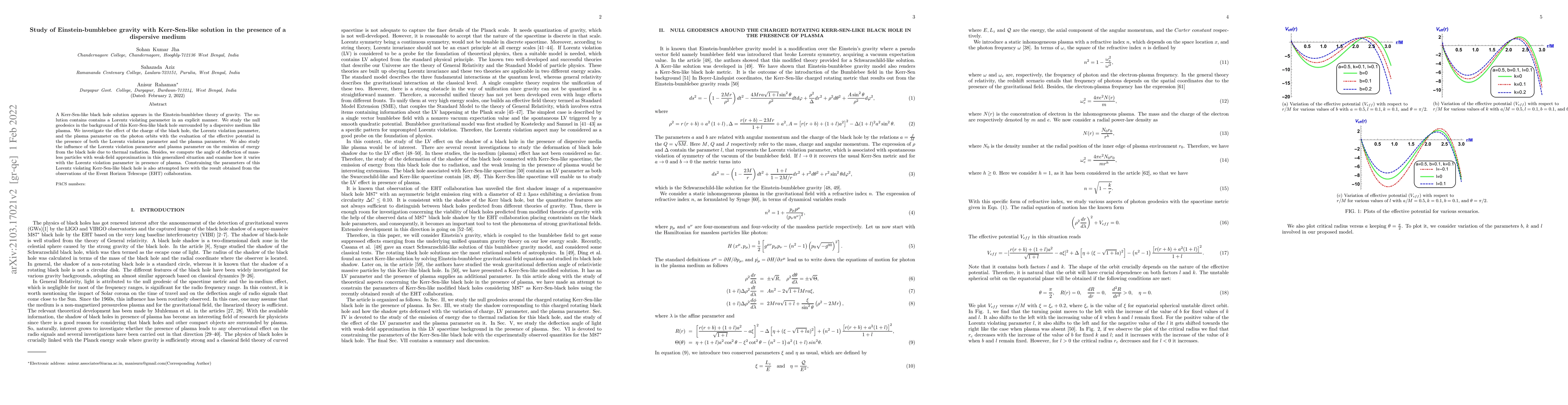 Thumbnail for Study of Einstein-bumblebee gravity with Kerr-Sen-like solution in the
  presence of a dispersive medium