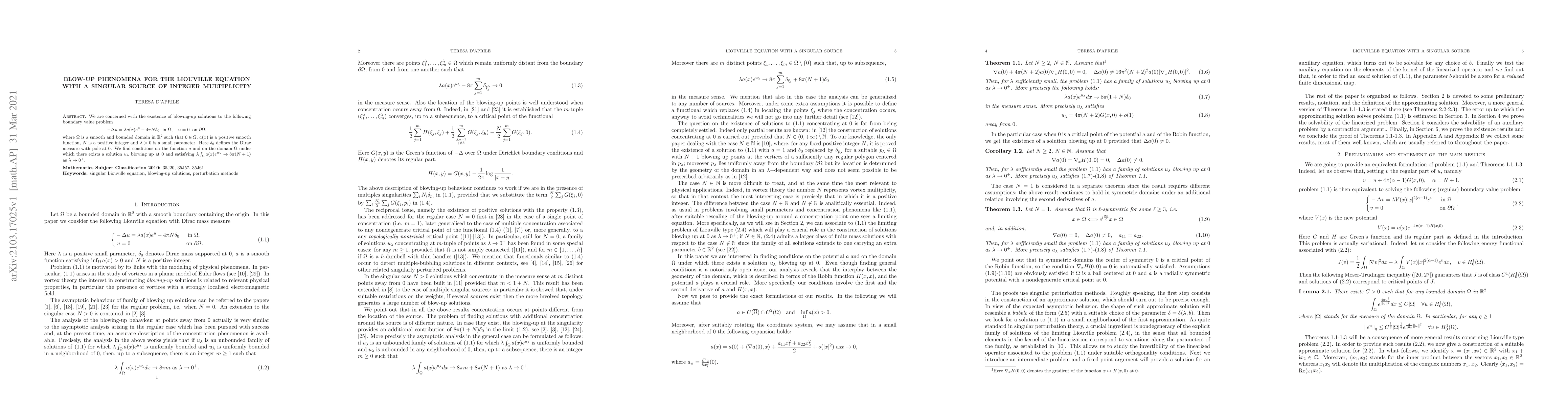 Thumbnail for Blow-up phenomena for the Liouville equation with a singular source of
  integer multiplicity