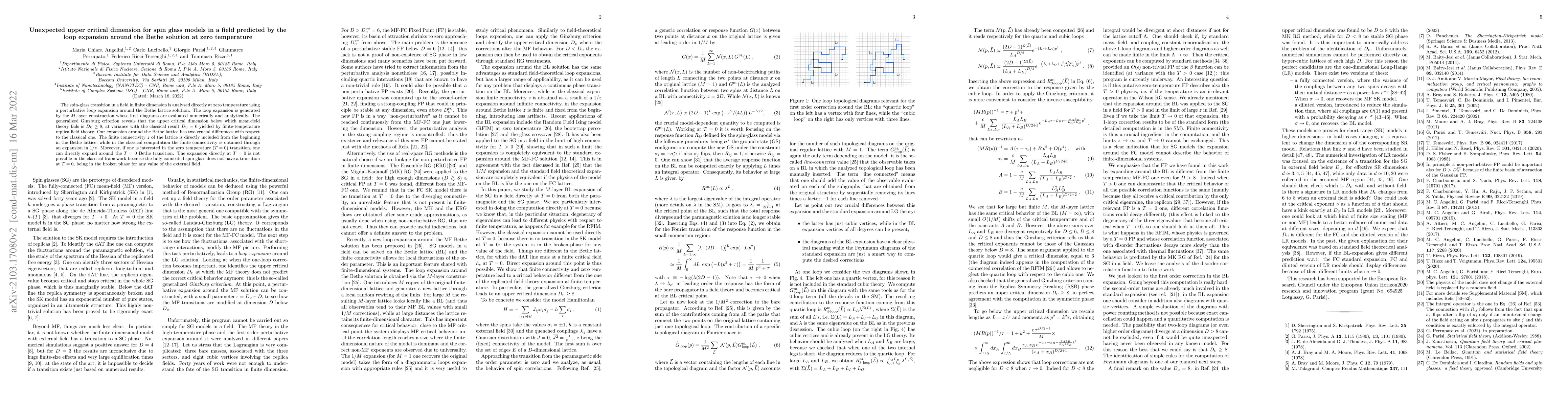 Thumbnail for Unexpected upper critical dimension for spin glass models in a field
  predicted by the loop expansion around the Bethe solution at zero temperature