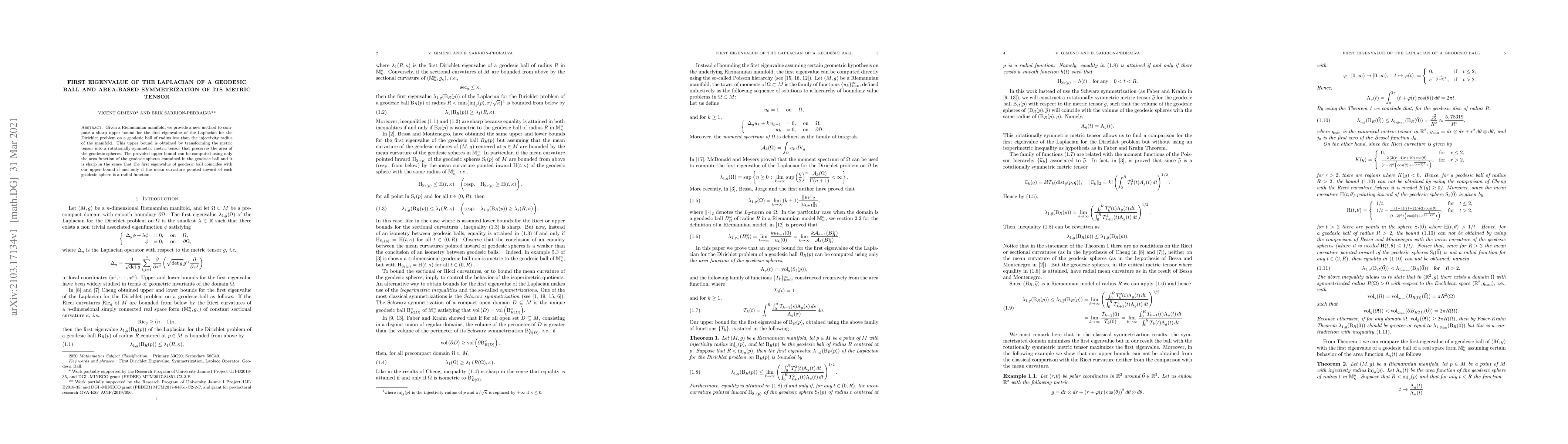 Thumbnail for First Eigenvalue of the Laplacian of a Geodesic Ball and Area-Based
  Symmetrization of its Metric Tensor