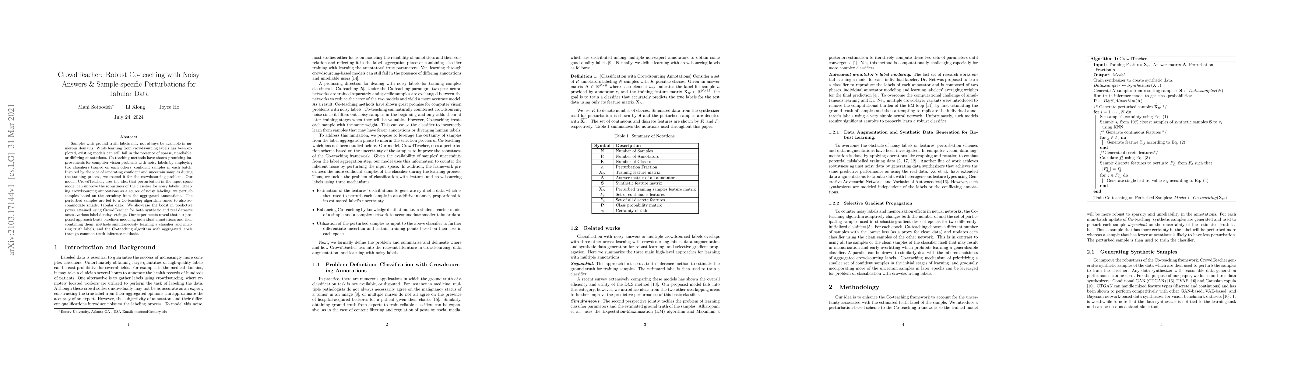 Thumbnail for CrowdTeacher: Robust Co-teaching with Noisy Answers & Sample-specific
  Perturbations for Tabular Data