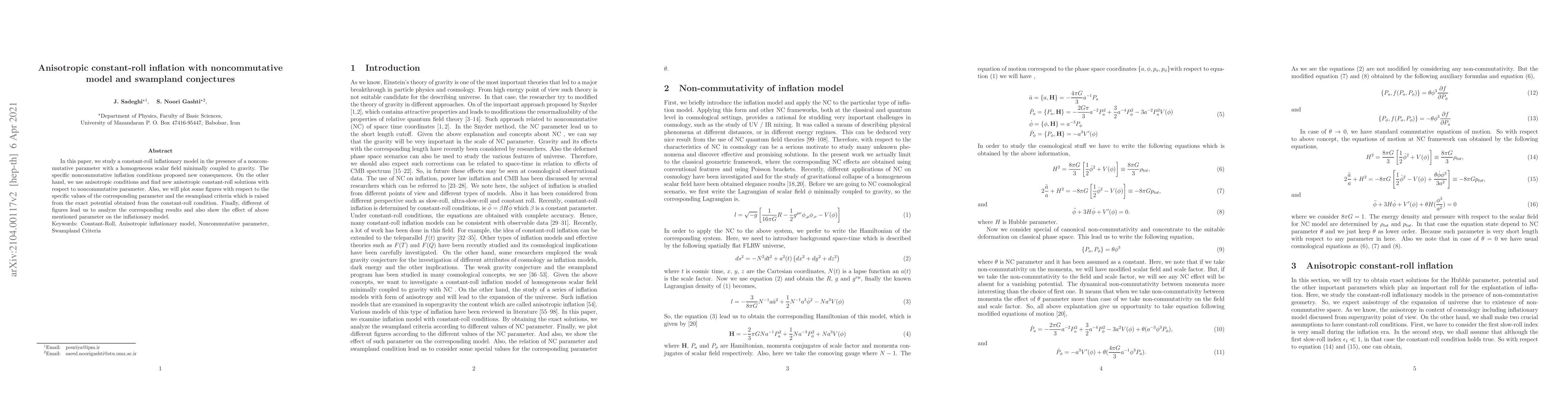 Thumbnail for Anisotropic constant-roll inflation with noncommutative model and
  swampland conjectures