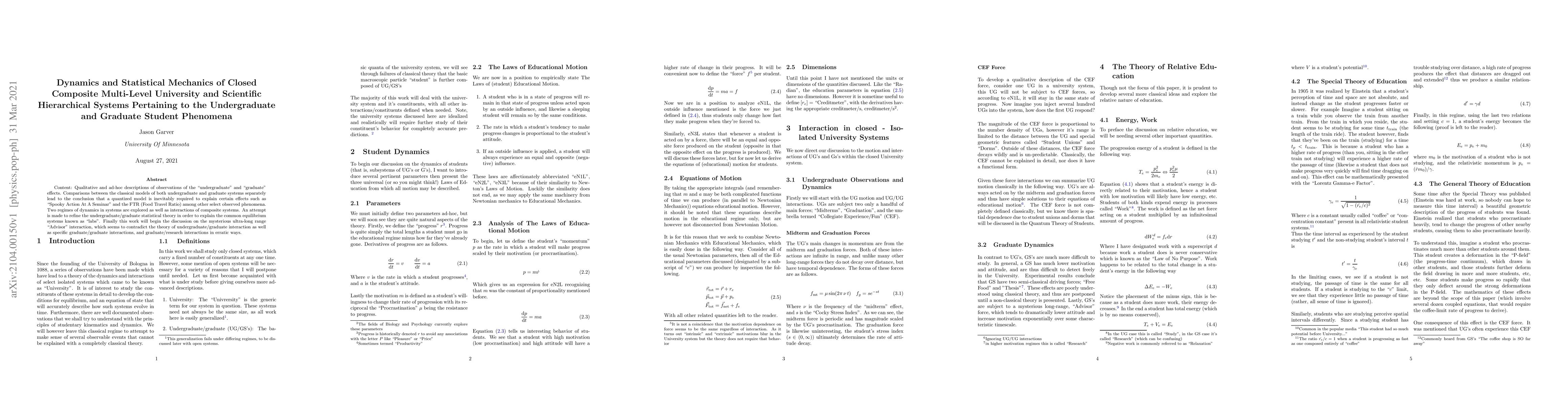 Thumbnail for Dynamics and Statistical Mechanics of Closed Composite Multi-Level
  University and Scientific Hierarchical Systems Pertaining to the
  Undergraduate and Graduate Student Phenomena