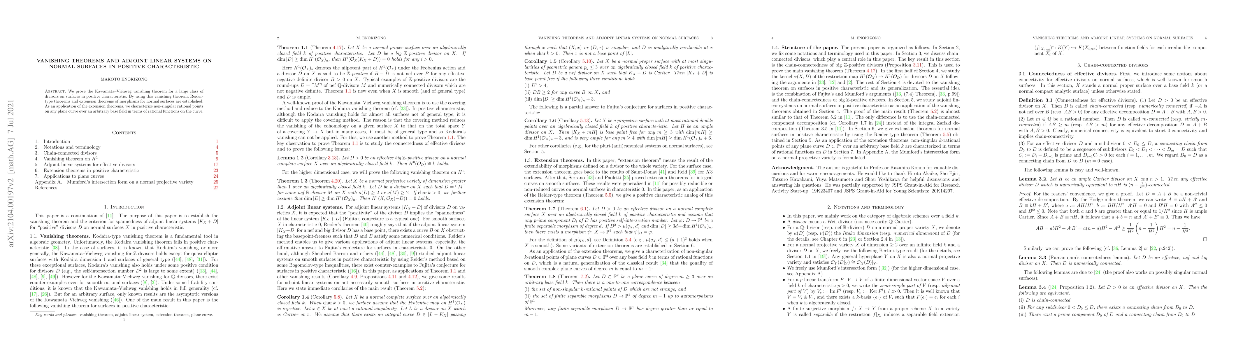 Thumbnail for Vanishing theorems and adjoint linear systems on normal surfaces in
  positive characteristic