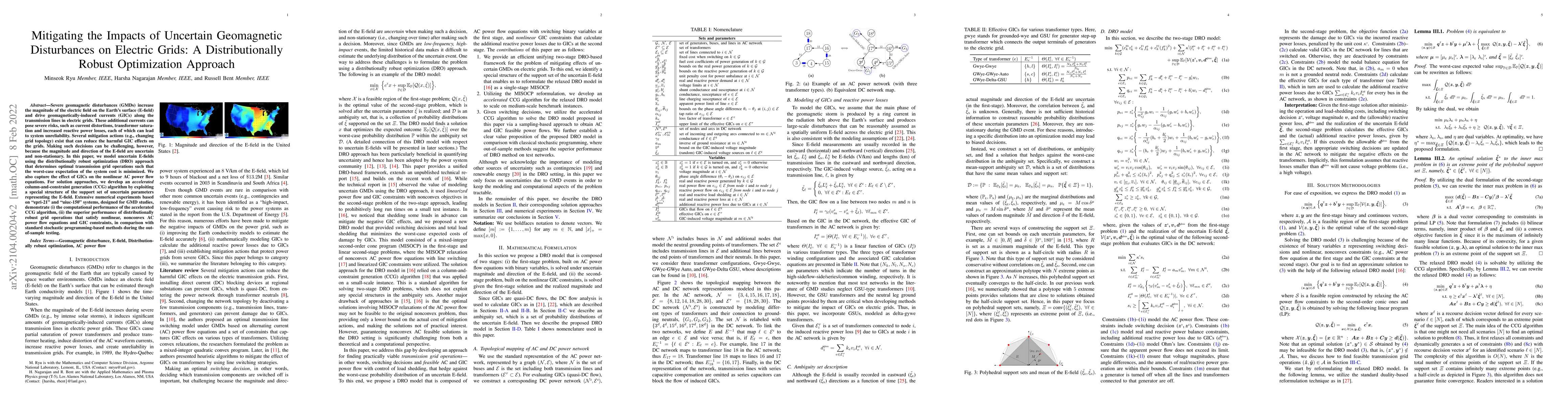Thumbnail for Mitigating the Impacts of Uncertain Geomagnetic Disturbances on Electric
  Grids: A Distributionally Robust Optimization Approach