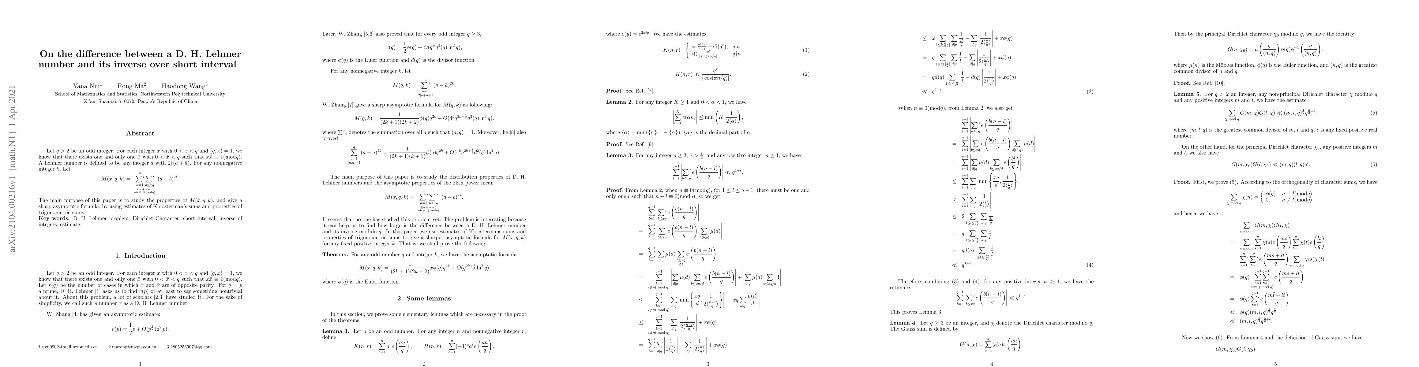 Thumbnail for On the difference between a D. H. Lehmer number and its inverse over
  short interval