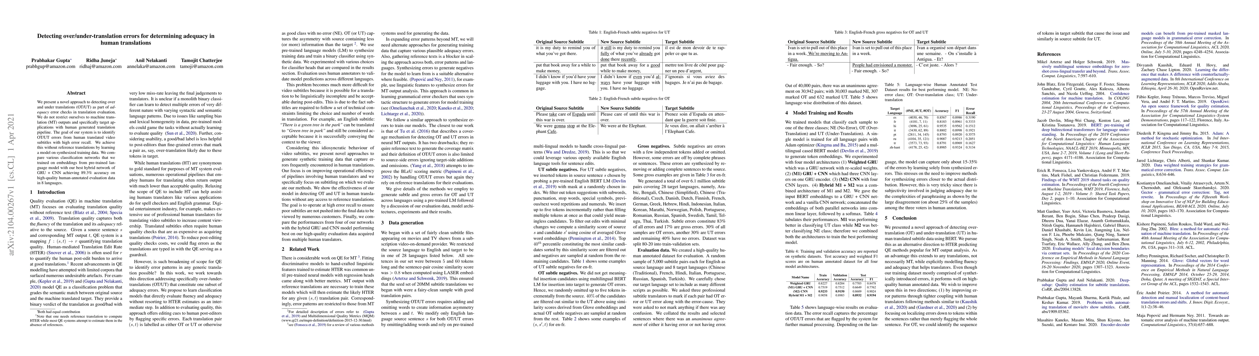 Thumbnail for Detecting over/under-translation errors for determining adequacy in
  human translations