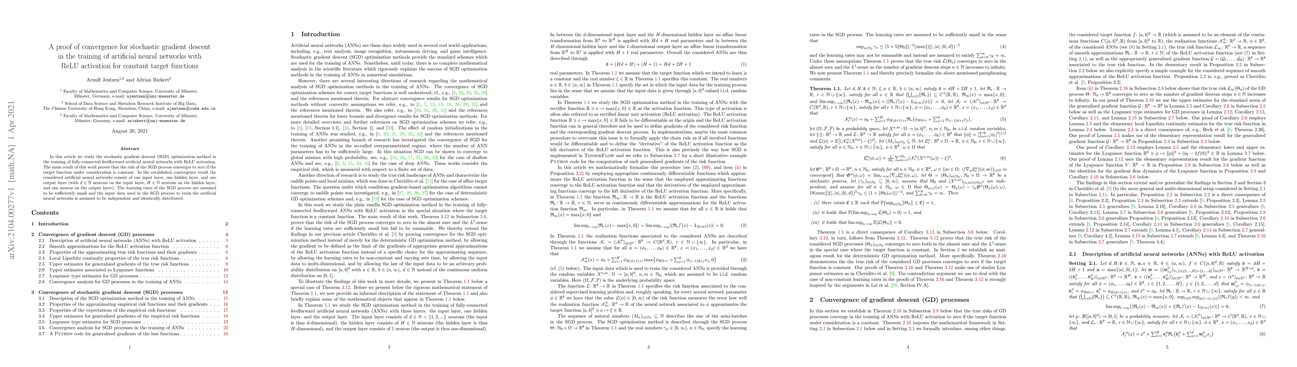 Thumbnail for A proof of convergence for stochastic gradient descent in the training
  of artificial neural networks with ReLU activation for constant target
  functions