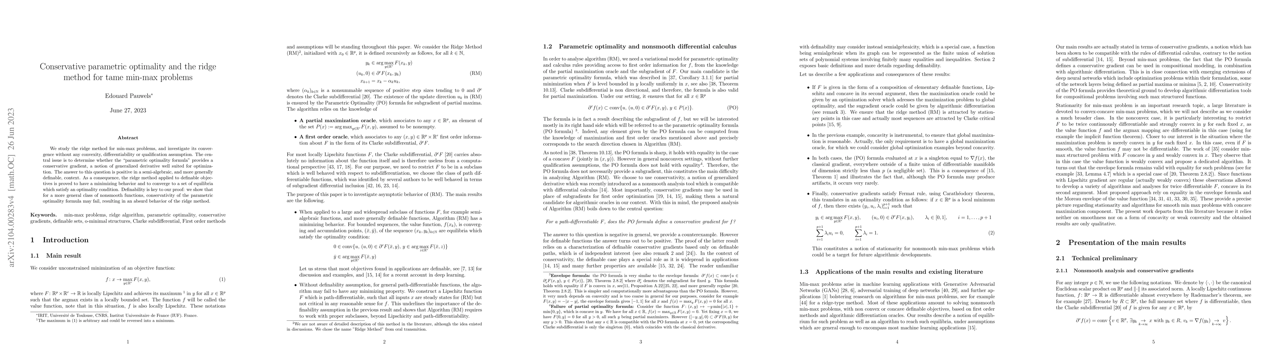 Thumbnail for Conservative parametric optimality and the ridge method for tame min-max
  problems