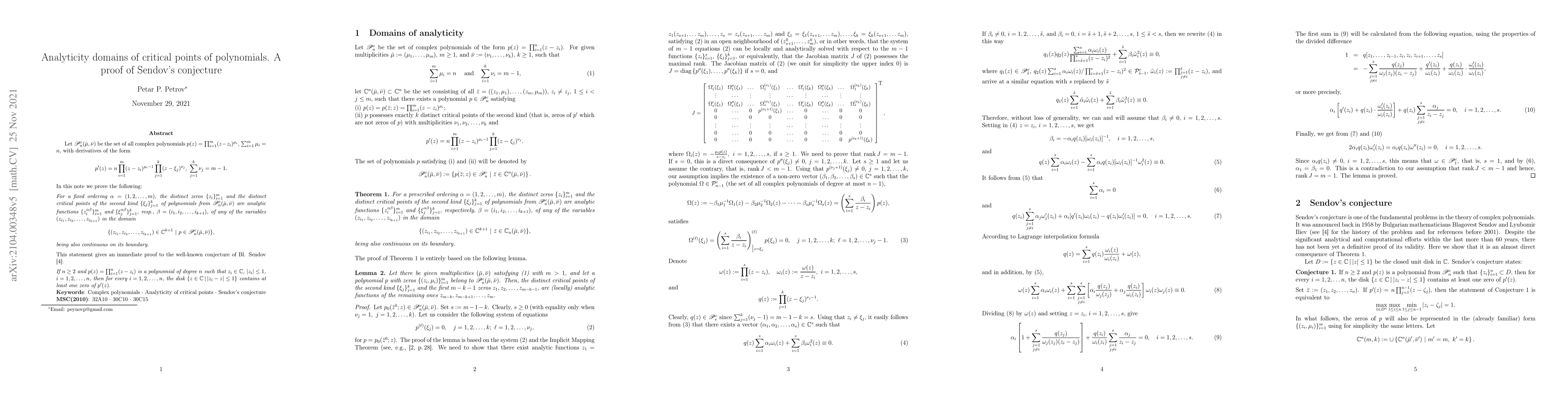 Thumbnail for Analyticity domains of critical points of polynomials. A proof of
  Sendov's conjecture