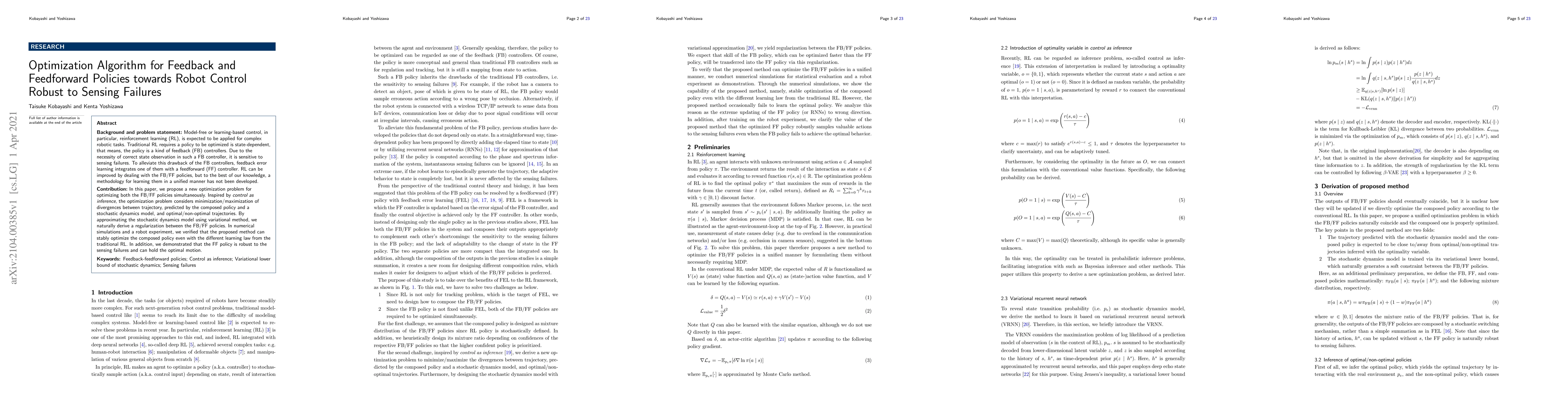 Thumbnail for Optimization Algorithm for Feedback and Feedforward Policies towards
  Robot Control Robust to Sensing Failures