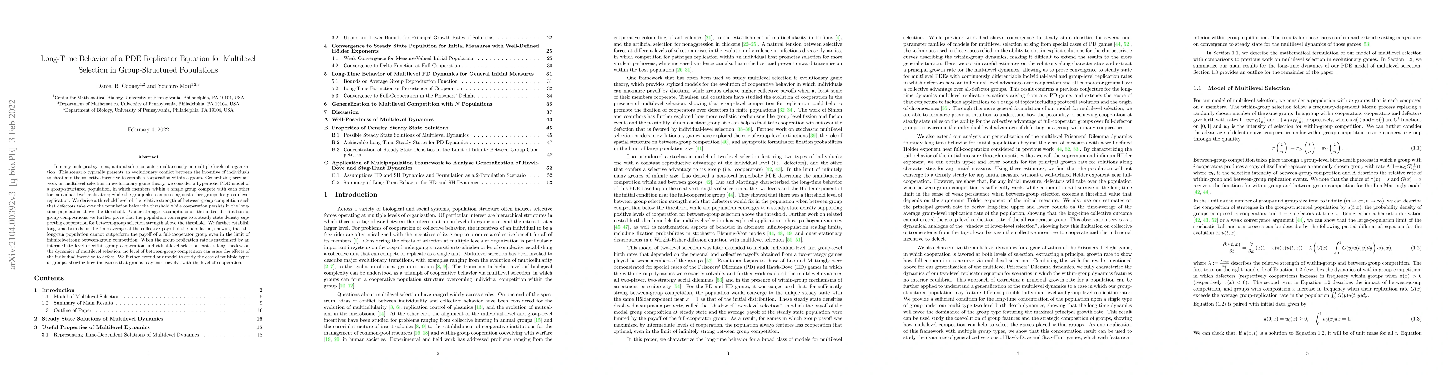 Thumbnail for Long-Time Behavior of a PDE Replicator Equation for Multilevel Selection
  in Group-Structured Populations
