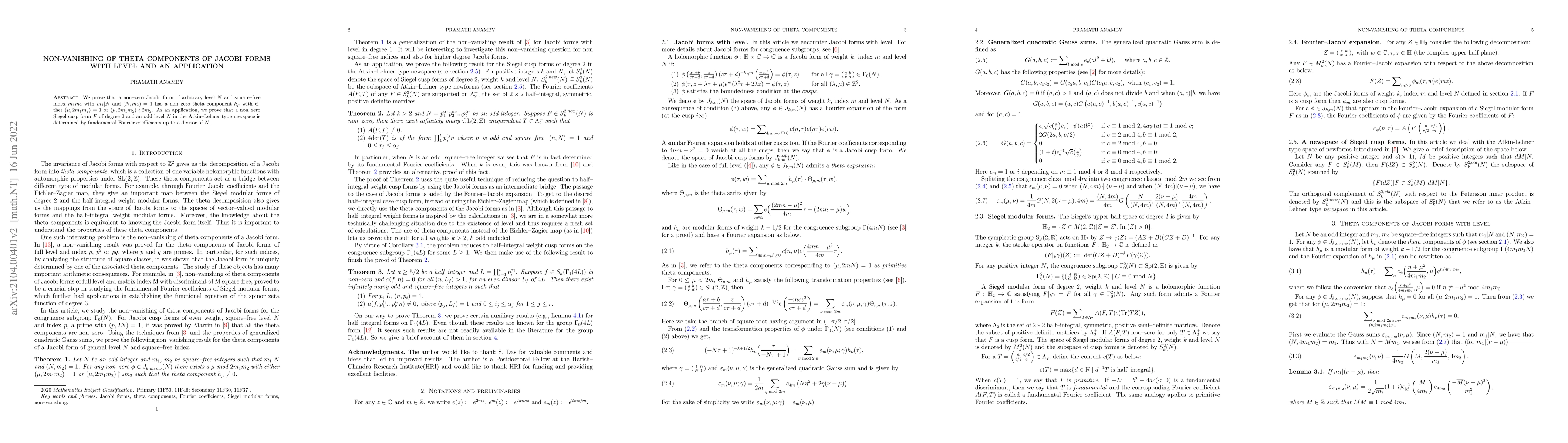 Thumbnail for Non-vanishing of theta components of Jacobi forms with level and an
  application