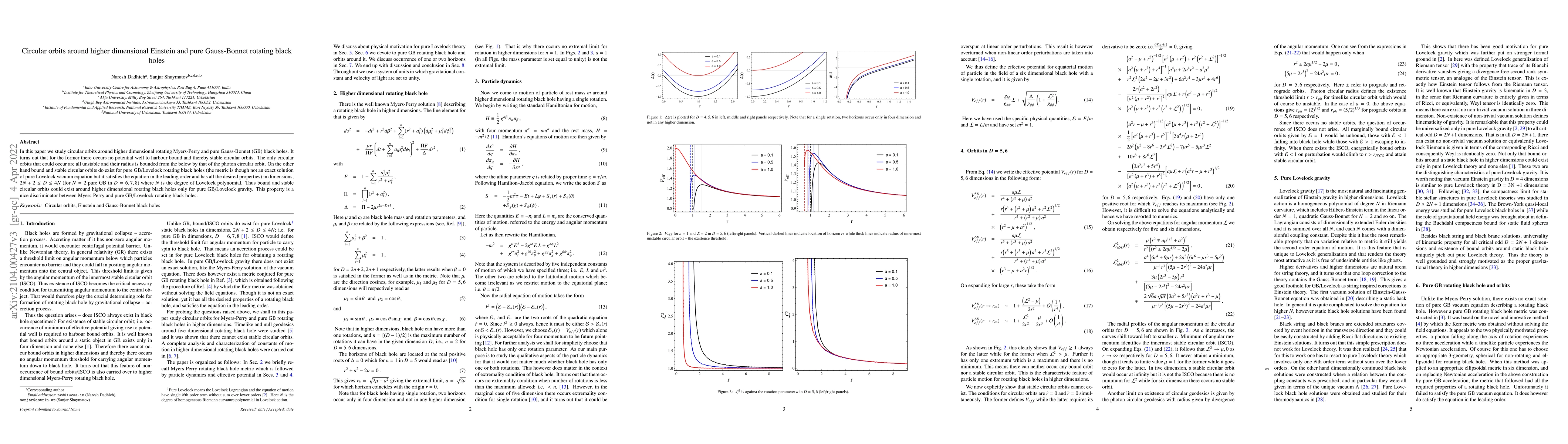 Thumbnail for Circular orbits around higher dimensional Einstein and pure Gauss-Bonnet
  rotating black holes
