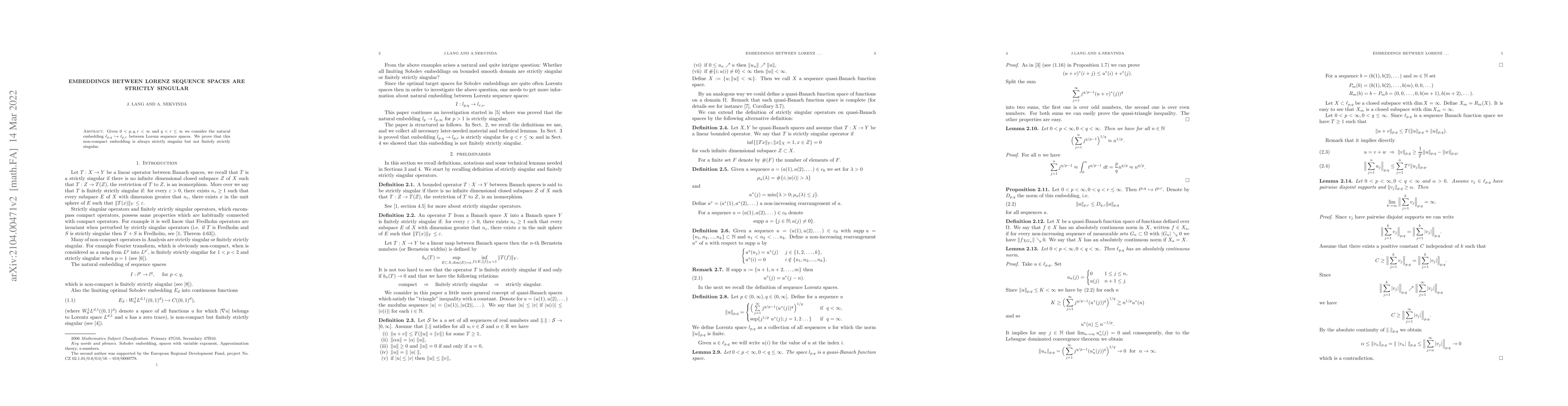 Thumbnail for Embeddings between Lorenz sequence spaces are strictly singular