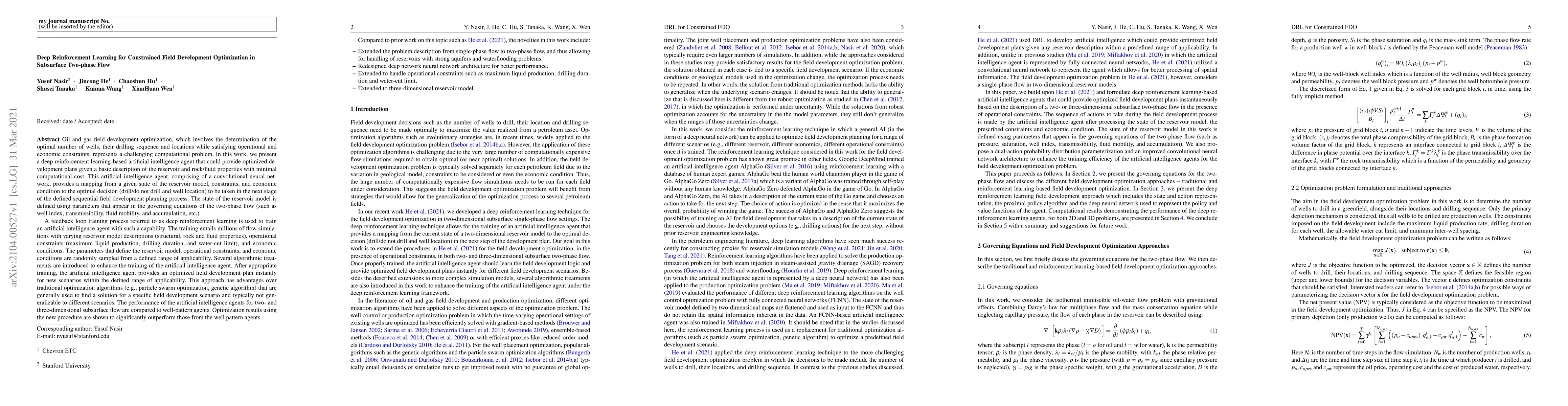 Thumbnail for Deep Reinforcement Learning for Constrained Field Development
  Optimization in Subsurface Two-phase Flow