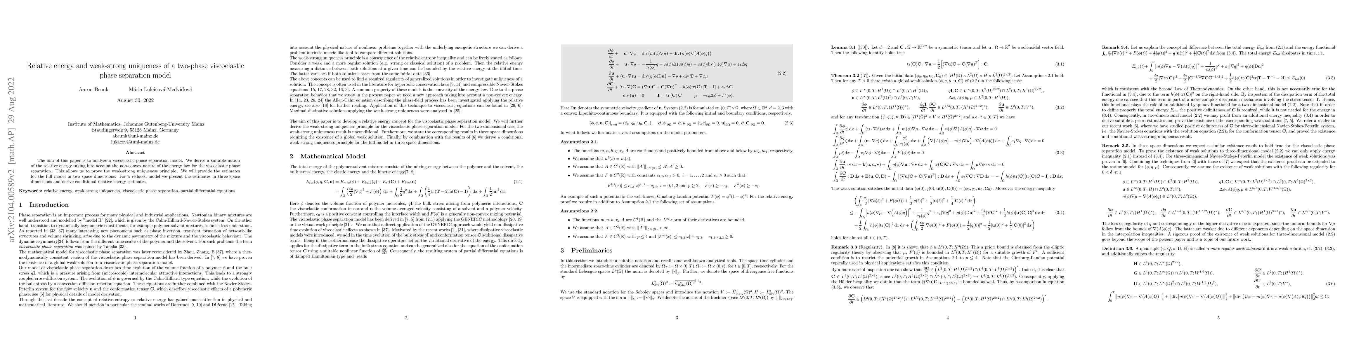Thumbnail for Relative energy and weak-strong uniqueness of the two-phase viscoelastic
  phase separation model