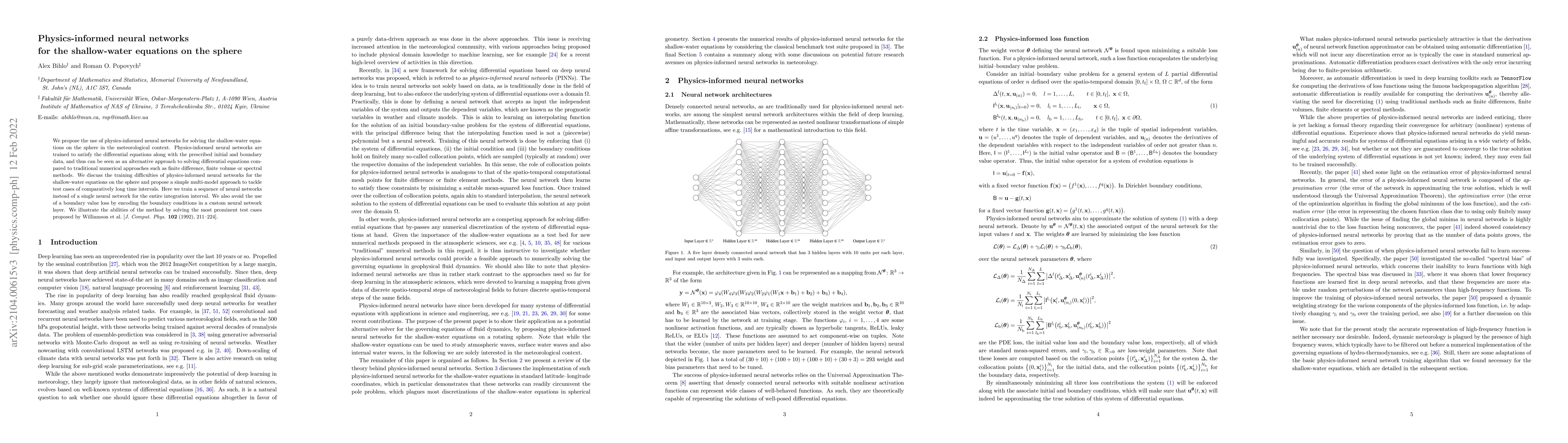 Thumbnail for Physics-informed neural networks for the shallow-water equations on the
  sphere