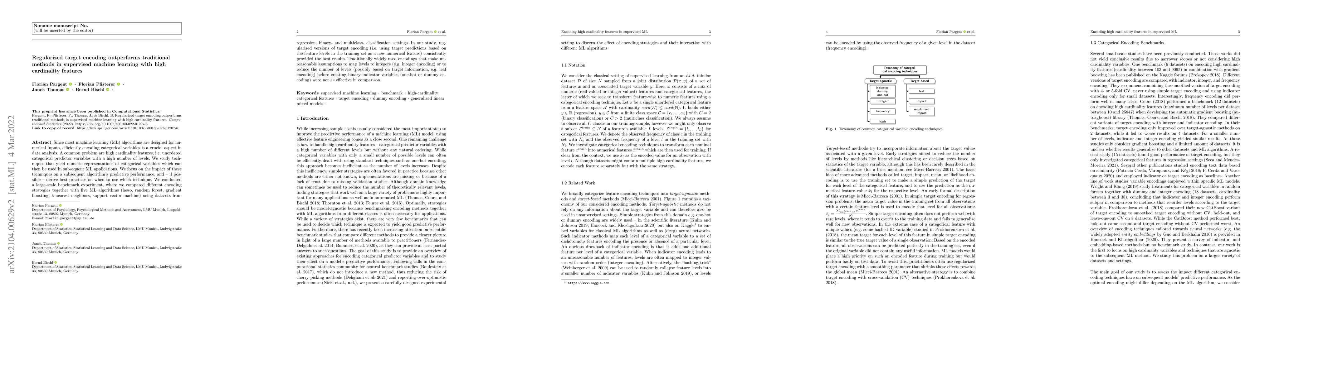 Thumbnail for Regularized target encoding outperforms traditional methods in
  supervised machine learning with high cardinality features