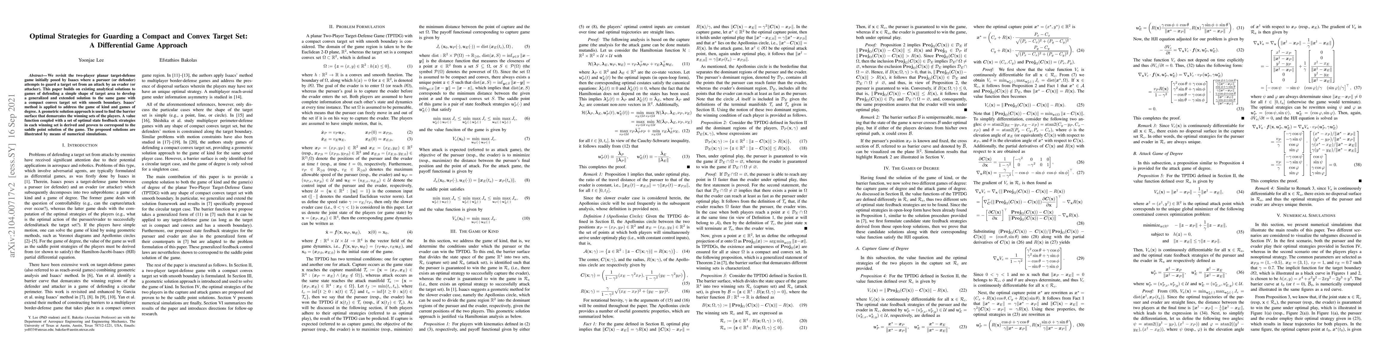 Thumbnail for Optimal Strategies for Guarding a Compact and Convex Target Set: A
  Differential Game Approach