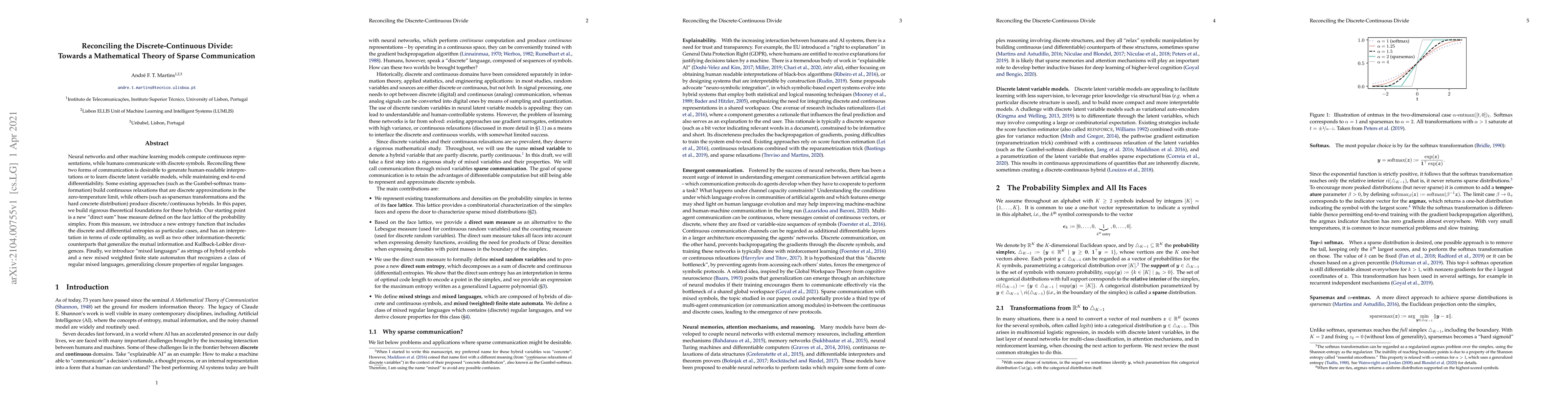 Thumbnail for Reconciling the Discrete-Continuous Divide: Towards a Mathematical
  Theory of Sparse Communication