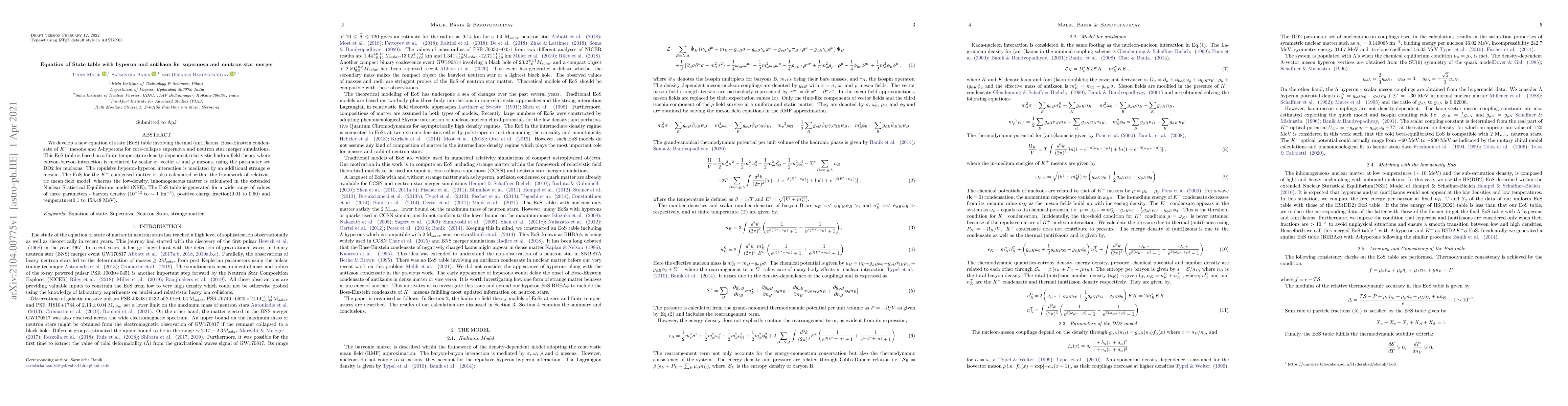 Thumbnail for Equation of State table with hyperon and antikaon for supernova and
  neutron star merger
