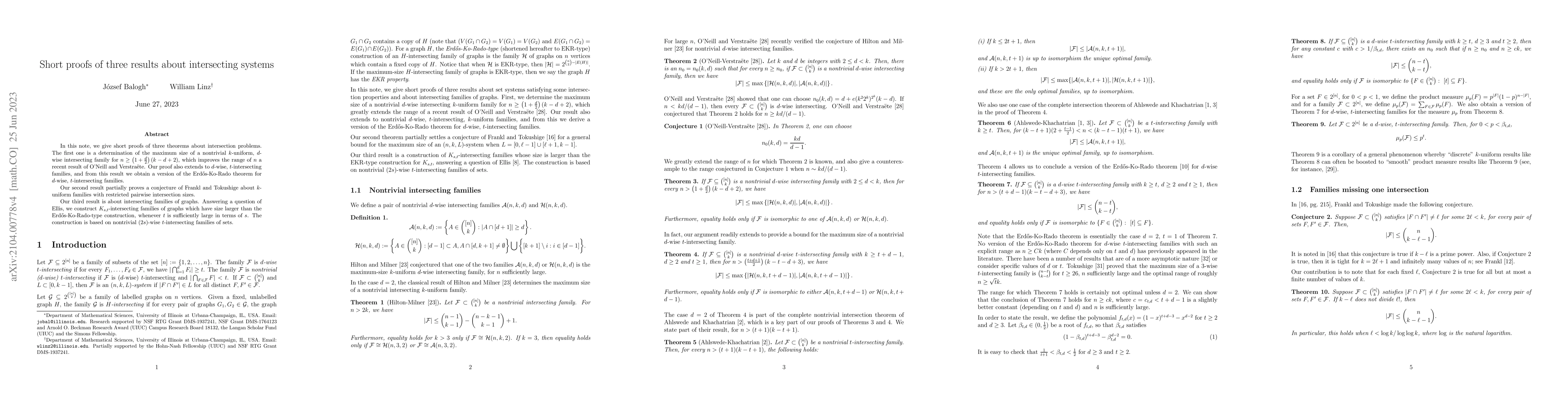 Thumbnail for Short proofs of three results about intersecting systems