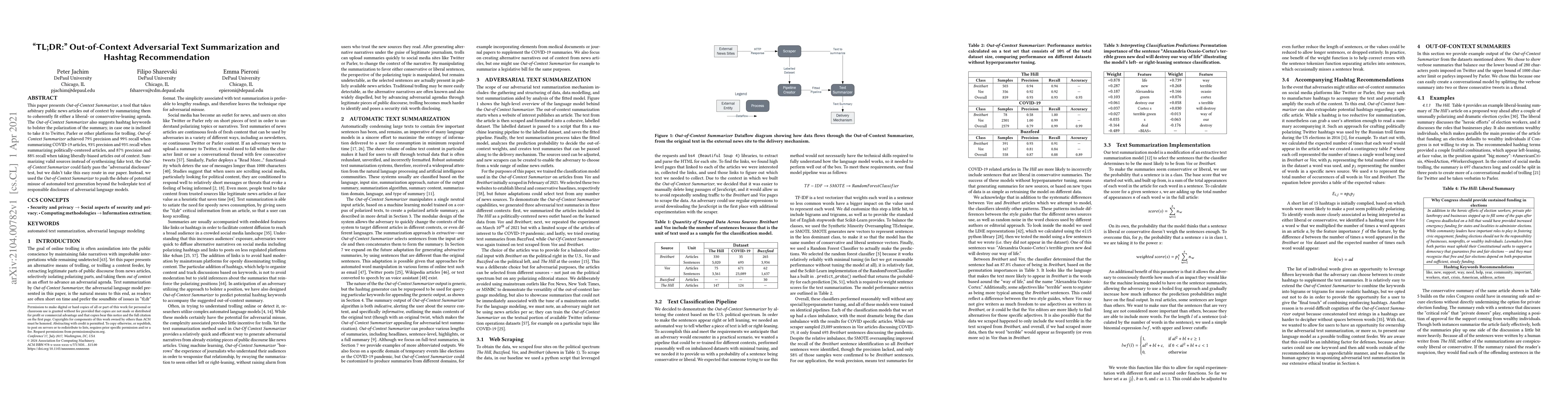 Thumbnail for "TL;DR:" Out-of-Context Adversarial Text Summarization and Hashtag
  Recommendation