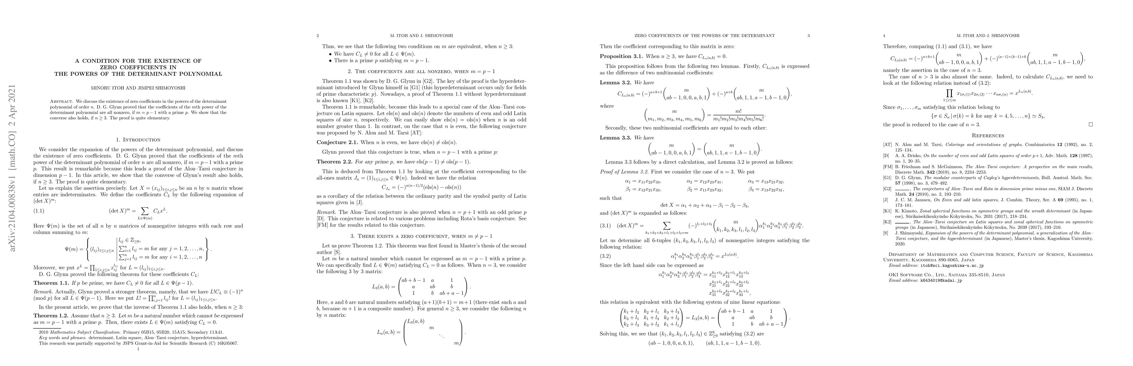 Thumbnail for A condition for the existence of zero coefficients in the powers of the
  determinant polynomial