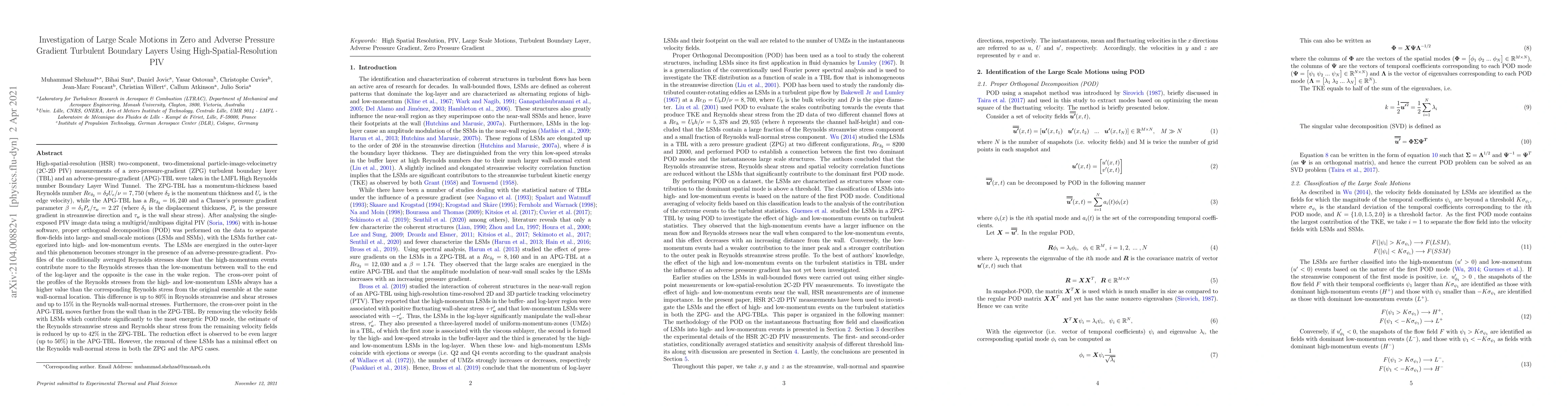 Thumbnail for Investigation of Large Scale Motions in Zero and Adverse Pressure
  Gradient Turbulent Boundary Layers Using High-Spatial-Resolution PIV