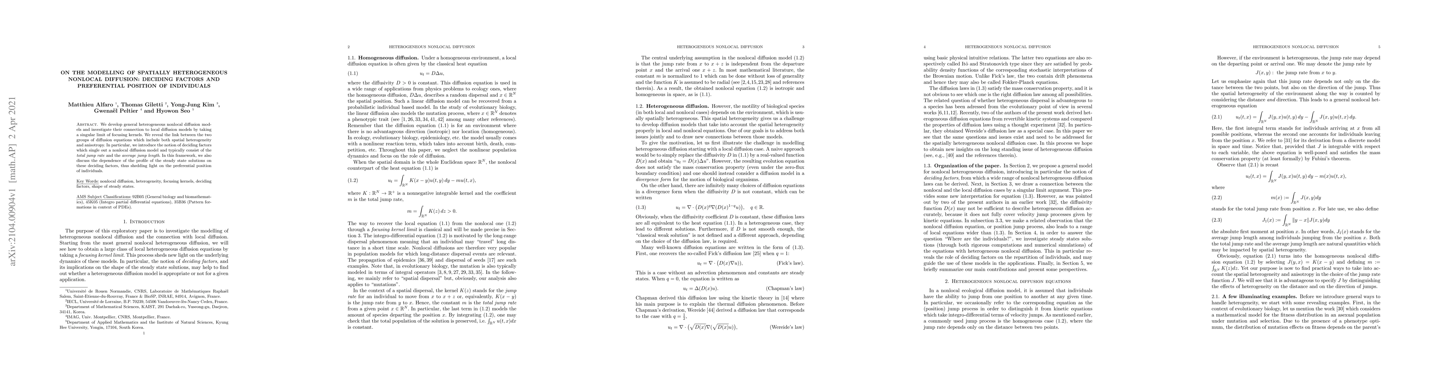 Thumbnail for On the modelling of spatially heterogeneous nonlocal diffusion: deciding
  factors and preferential position of individuals